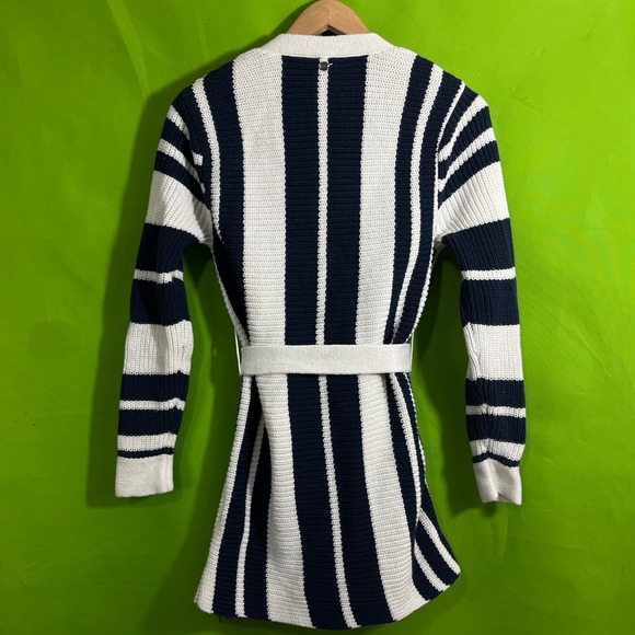 Roxy Womens XS Navy Blue White Striped Belted Open Front Chunky Knit Cardigan - Picture 2 of 6